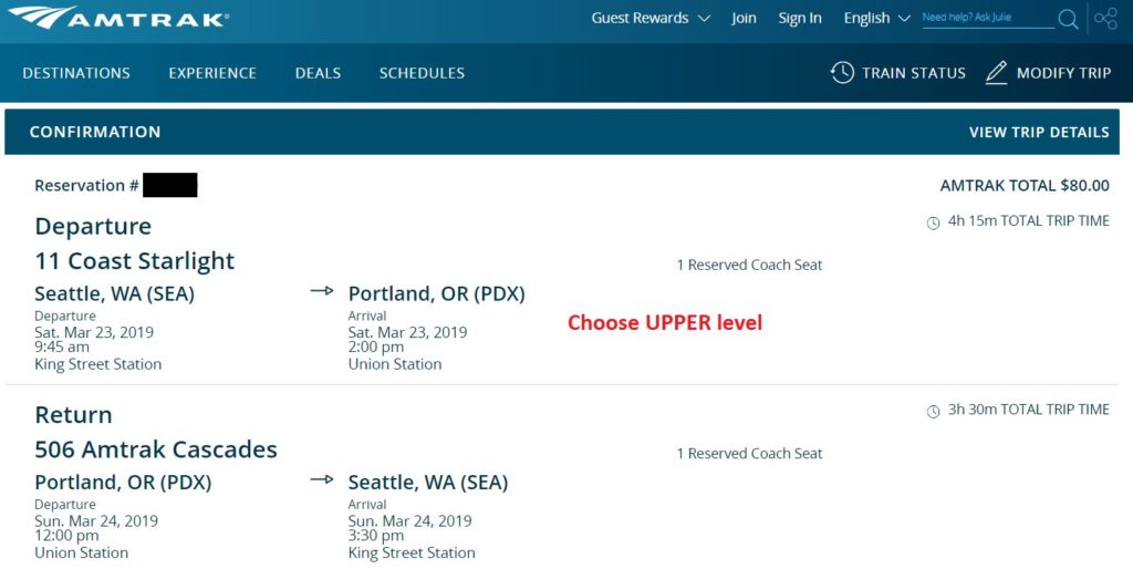 Amtrak ticket info (copied in text of post below).